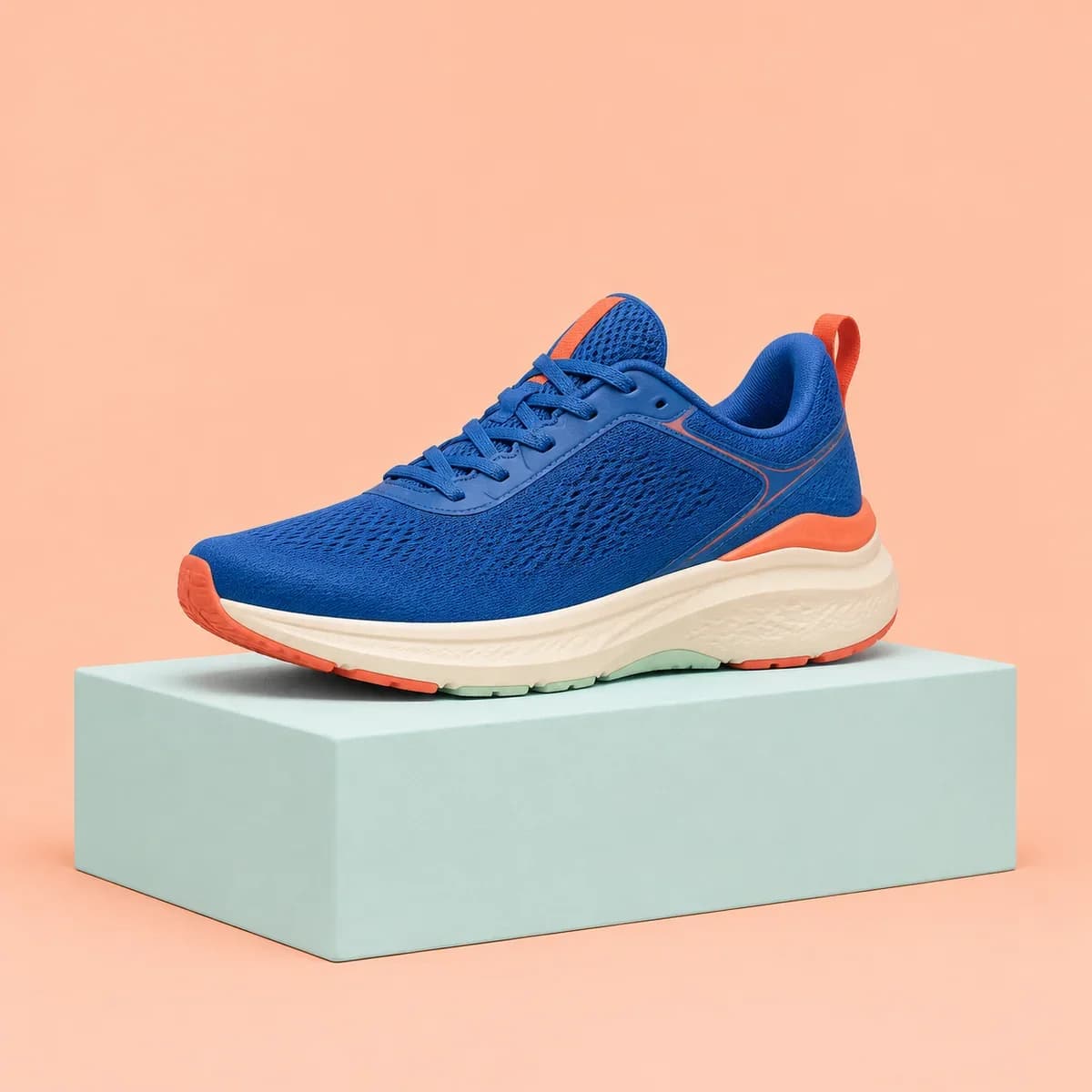 Foto sneaker sport Aero Sprint berwarna biru dan oranye di atas panggung